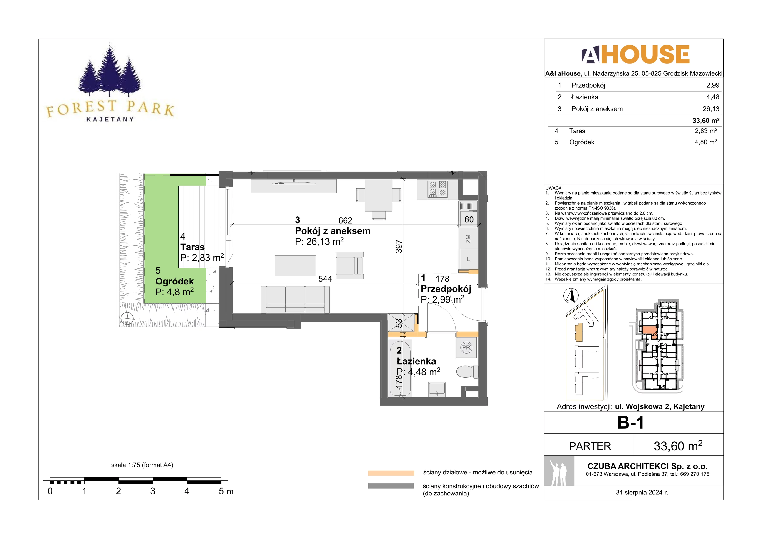 1 pokój, mieszkanie 33,60 m², parter, oferta nr B-1, Forest Park Kajetany, Kajetany, ul. Wojskowa 2